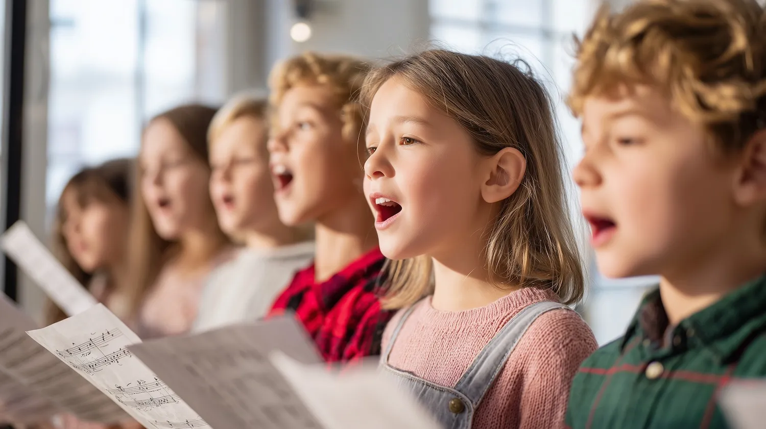 Kinderchor singt gemeinsam aus Notenblättern