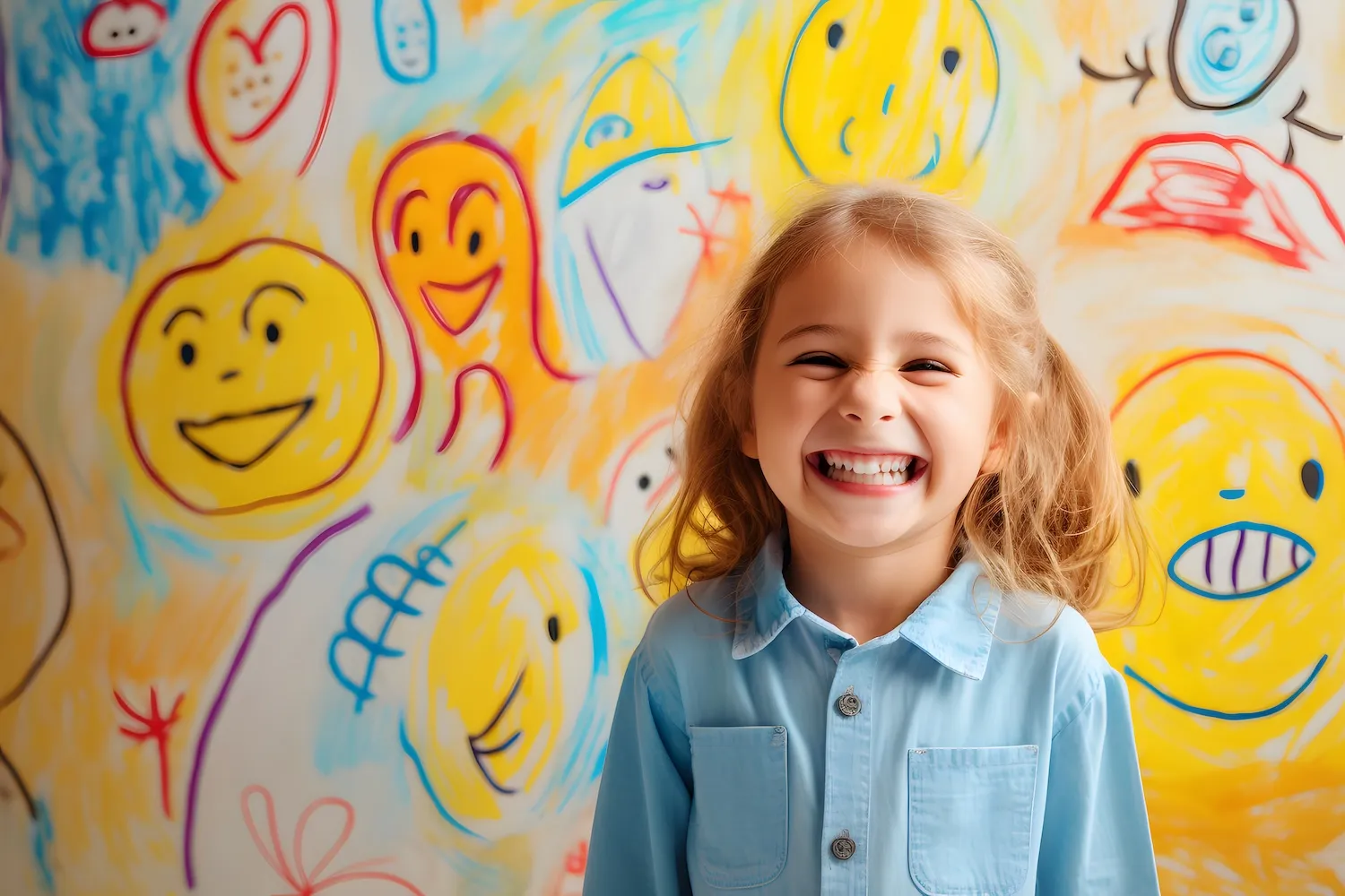 Lachendes Mädchen vor bunten Kinderzeichnungen